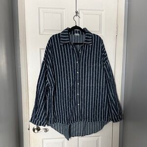 Denim Shacket Navy Blue Striped Button-Up Shirt PTP is 25